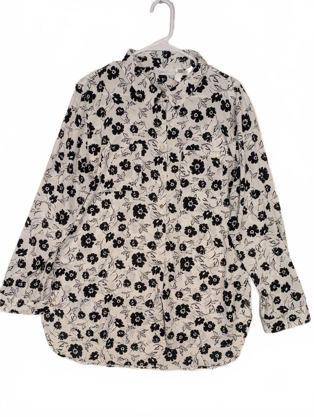 Calvin Klein Floral Button Up Long Sleeve Shirt Womens XL Black White